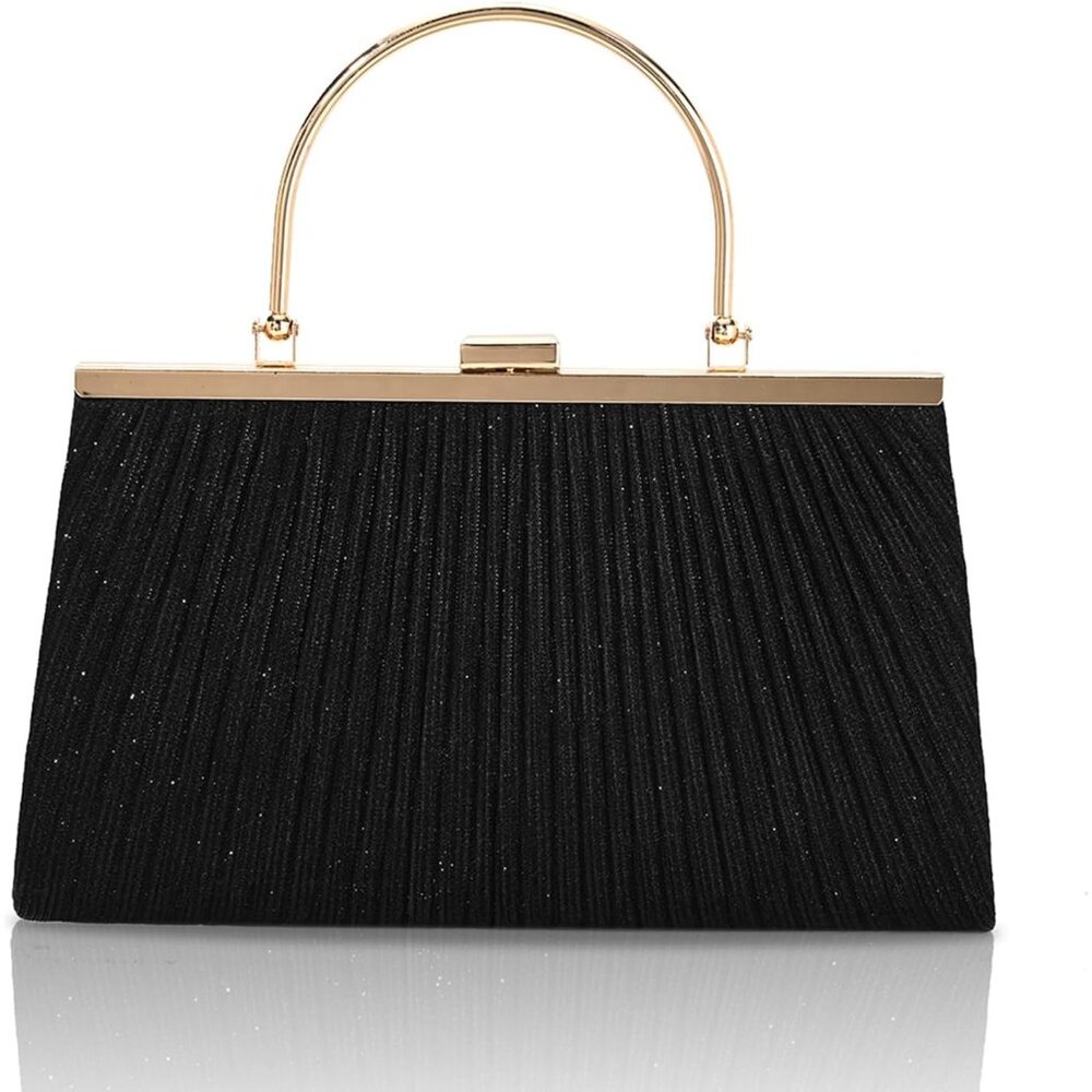 Womens Shoulder Evening Chain Strap Sparkly Pleated Fashionable Black Clutch Bag